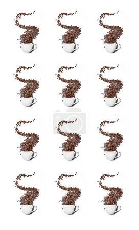 Photo for Pattern made of splash of coffee beans from a white cup isolated over white background. High quality photo - Royalty Free Image