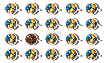Photo for Pattern of white coffee cups full of coffee capsules, one cup with coffee beans in the middle, isolated over white background. High quality photo - Royalty Free Image