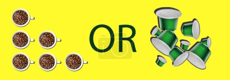 Photo for Bean coffee or coffee capsules choice photo isolated over bright yellow background, banner, advert or promo, healthy drinking, no pollution. High quality photo - Royalty Free Image