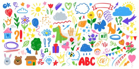 Illustration for Cute kid scribble line flower, heart. rainbow background. Hand drawn doodle sketch childish element set. children draw style design elements background. Vector illustration with cute animals. - Royalty Free Image