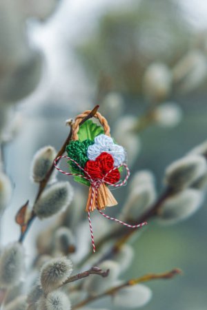 Photo for A Martisor, the traditional Romanian talisman for the March 1st celebration of spring, hanging on a budding branch with soft background. - Royalty Free Image