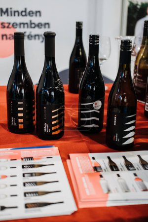 Téléchargez les photos : Une exposition sophistiquée de diverses bouteilles de vin lors d'une foire aux vins, offrant aux visiteurs un aperçu de divers millésimes et étiquettes. - en image libre de droit