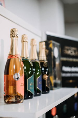 Téléchargez les photos : Une bouteille de champagne exquise dans un seau à glace doré, flanquée d'œuvres d'art élégantes, présentée à une prestigieuse foire aux vins. - en image libre de droit