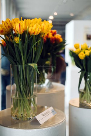 Bright yellow and red-striped tulips presented in clear glass vases at a floral exhibition, embodying springs vivacity.