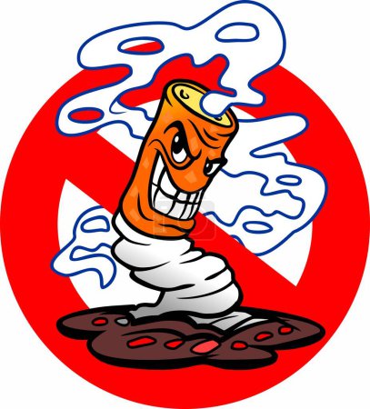 Ilustración de Extinguished cigarette. Cartoon cigarette butt with eyes and facial expressions, smiling evilly. No smoking sign. Vector drawing. - Imagen libre de derechos
