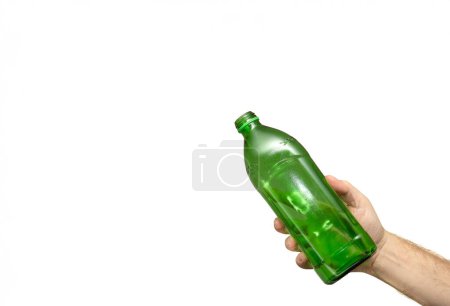 Large green empty glass bottle held by man's hand,  isolated on white.