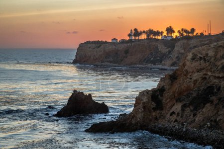 Gorgeous coastline view of Point Vicente and Pelican Cove at sunset with colorful clouds in the sky, Terranea Trail, Rancho Palos Verdes, California