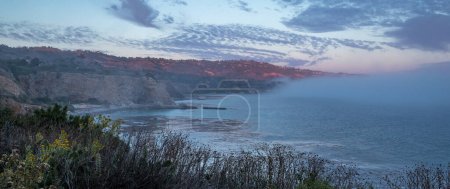Experimente la belleza de Rancho Palos Verdes mientras una capa marina cubre la costa, creando un fascinante paisaje nublado sobre escarpados acantilados.