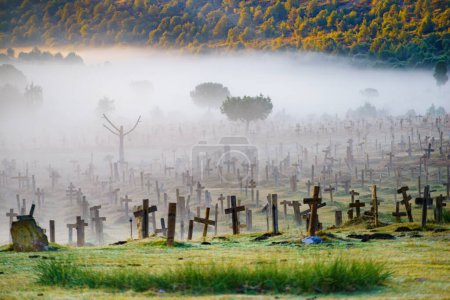 Hazy foggy weather in early morning over Sad Hill Cemetery in Burgos, Spain. Tourist place, spaghetti western film location.