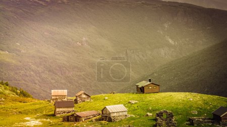 Norwegian old houses hytte, mountains farm. Summer landscape in Norway, Scandinavia