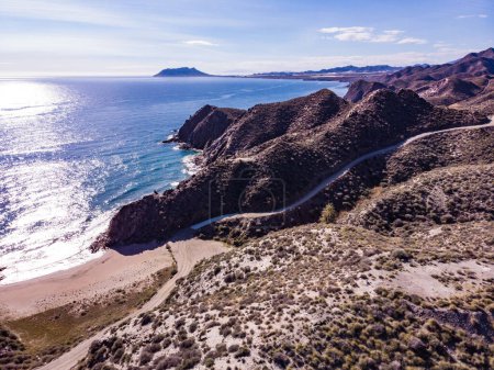 Aerial view. Sea coastal landscape, Cabo Cope y Puntas de Calnegre Regional Park, Murcia region in Spain. Tourist site.