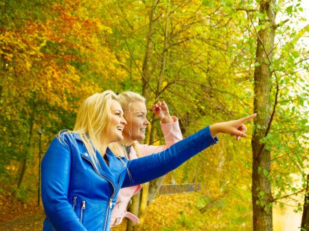 Zwei blonde Freundinnen in modischem Outfit, rosa und blauen Ramones-Jacken, spazieren im herbstlichen Park. Entspannung in der Natur