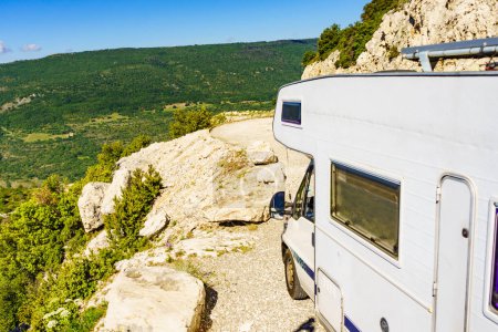 Caravan rv on nature. Verdon Gorge France. Motor home camping car driving through mountain landscape. Adventure with camper vehicle..