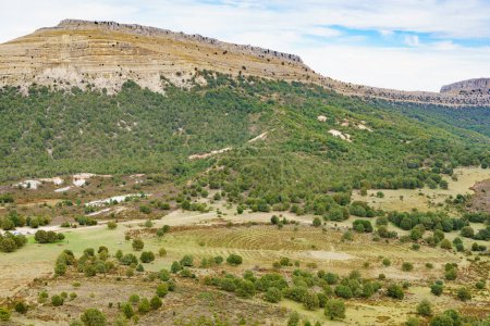 Tourist attraction in Spain. Green valley with Sad Hill Cemetery, the fictional round graveyard where the final duel of western The Good, The Bad and the Ugly takes place. View from above