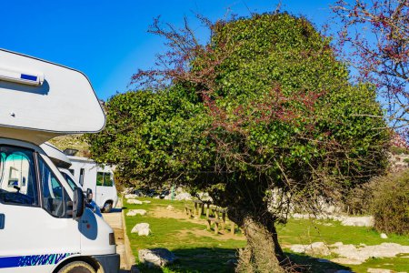 Caravan in nature reserve in the Sierra del Torcal mountain range near Antequera city, province Malaga, Andalusia, Spain. Tourist attraction.