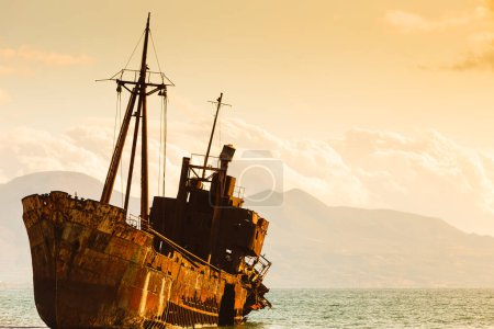 Greek coastline with the famous rusty shipwreck Dimitrios in Glyfada beach near Gytheio, Gythio Laconia Peloponnese Greece.