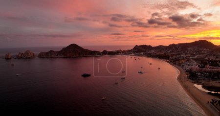 Cabo San Lucas Mexico Fire Sky Orange Red Purple Aerial View Panoramic From Ocean to City Downtown at Dawn