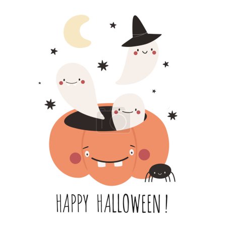 Ilustración de Linda caricatura de Halloween, calabaza y fantasmas. Halloween caracteres vector en estilo plano. - Imagen libre de derechos