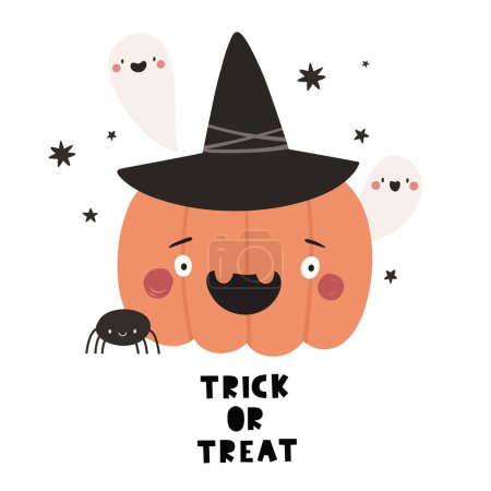 Ilustración de Linda caricatura de Halloween, calabaza y fantasmas. Halloween caracteres vector en estilo plano. - Imagen libre de derechos