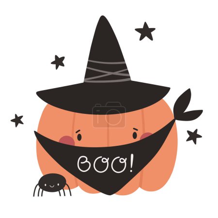 Ilustración de Linda caricatura de Halloween, calabaza y araña. Halloween caracteres vector en estilo plano. - Imagen libre de derechos