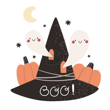 Illustration for Witch hat and ghosts, Halloween pumpkins. Character vector in flat style. Holiday pattern. - Royalty Free Image