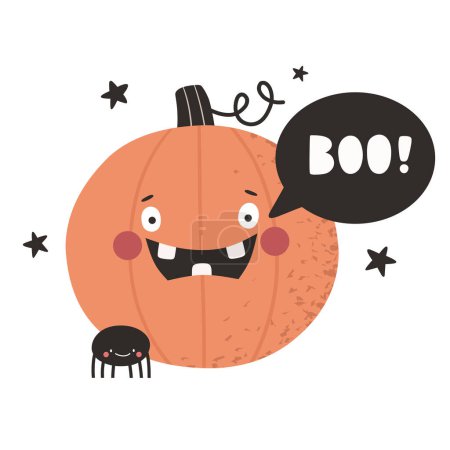 Ilustración de Linda calabaza de dibujos animados de Halloween. Vector de caracteres en estilo plano. - Imagen libre de derechos