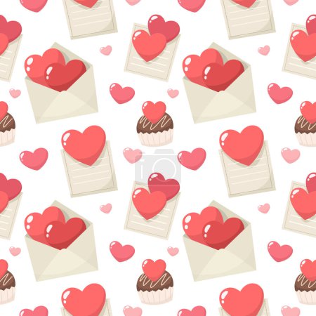 Seamless pattern with hearts and sweets. Vector illustration, wrapping paper, background.