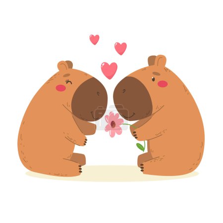 Capybara lovers, vector characters in flat cartoon style.