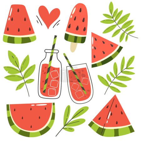 Collection of watermelon slices and juice with leaves. Vector bright isolates in flat cartoon style.