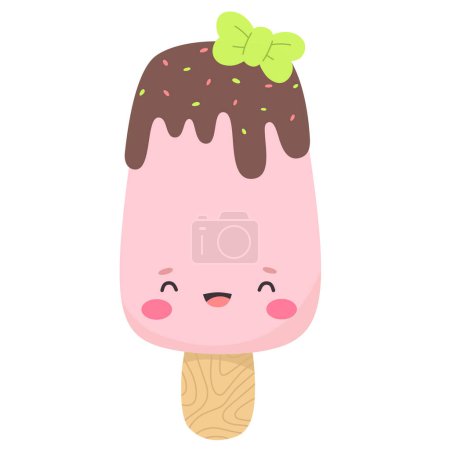 Helado lindo en glaseado, personaje de helado en estilo plano de dibujos animados, emoticono. Ilustración vectorial.