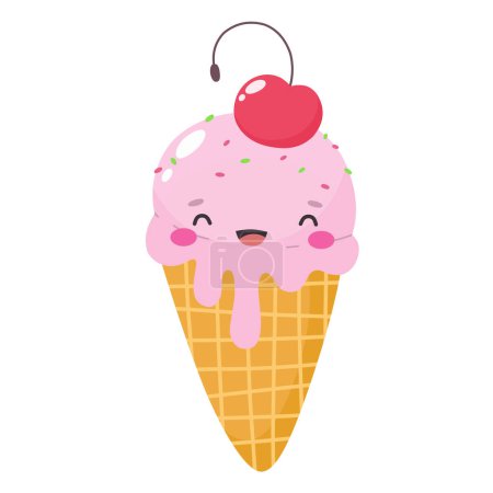 Helado lindo en glaseado, personaje de helado en estilo plano de dibujos animados, emoticono. Ilustración vectorial.