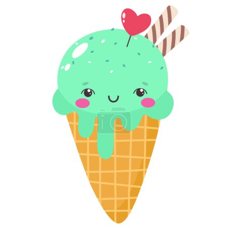 Crème glacée mignonne en glaçure, personnage de crème glacée dans le style de dessin animé plat, émoticône. Illustration vectorielle.