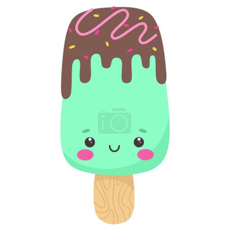 Crème glacée mignonne en glaçure, personnage de crème glacée dans le style de dessin animé plat, émoticône. Illustration vectorielle.
