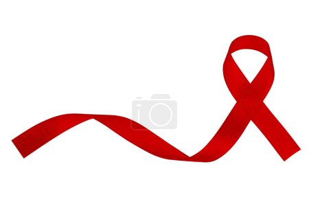 Welthilfetag und nationaler HIV- AIDS und Aging-Awareness-Monat mit roter Schleife auf weißem Hintergrund, Verbeugung isoliert mit Clipping-Pfad