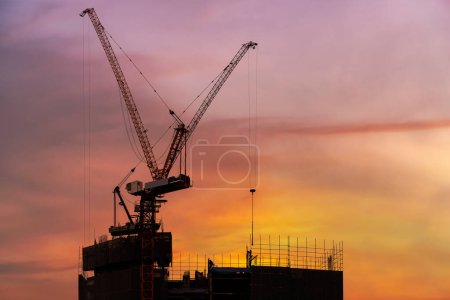 Photo for New construction site with crane and mechanical equipment on sunset background. Construction crane, industrial building, construction, real estate during sunset. House infrastructure. - Royalty Free Image