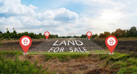 Land plot management - real estate concept with a vacant land on a green field available for building construction and housing subdivision in a residential area for sale, rent, buy or investment.