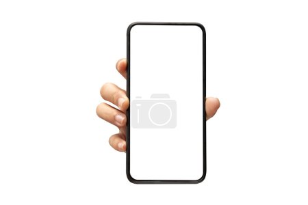 Photo for Young woman hand holding mobile smartphone with blank screen isolated on white background with clipping path. - Royalty Free Image