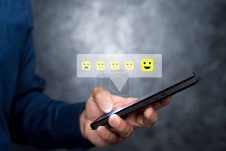 Photo for Customer review satisfaction feedback survey concept. Businessman using smartphone give rating to service experience on online application, satisfaction feedback review, good quality most. - Royalty Free Image