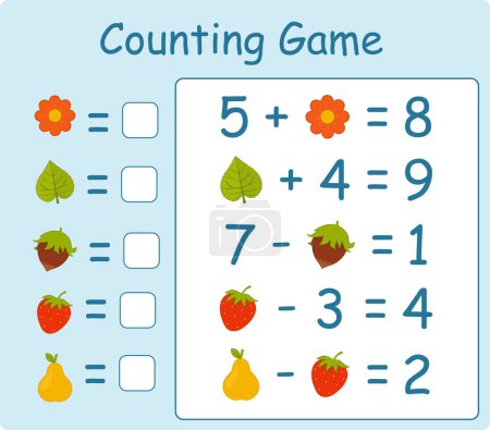 Educational Kids game. Math education. Addition and subtraction. Worksheet for preschool and school children. Calculate and write the numbers. . Isolated vector illustration.