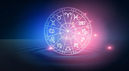 Tierkreiszeichen innerhalb des Horoskopkreises. Astrologie am Himmel mit vielen Sternen und Monden Astrologie und Horoskopkonzept