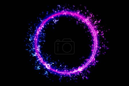 Photo for The circular frame is a neon light surrounded by sparkling stars. - Royalty Free Image