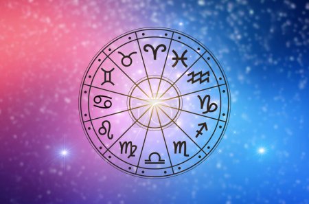 Znaki zodiaku wewnątrz kręgu horoskopu. Astrologia na niebie z wieloma gwiazdami i księżycami koncepcja astrologii i horoskopów