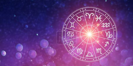 Znaki zodiaku wewnątrz kręgu horoskopu. Astrologia na niebie z wieloma gwiazdami i księżycami koncepcja astrologii i horoskopów