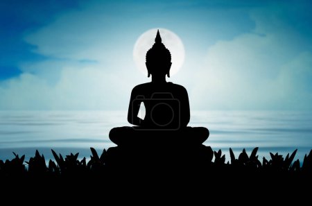 Buddha statue Silhouette Buddha sitting on lotus flower on  Sky and moon on blue background