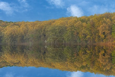 Téléchargez les photos : Paysage printanier du rivage du lac Eagle avec des reflets miroirs en eau calme et croissant de lune, Fort Custer State Park, Michigan, États-Unis - en image libre de droit