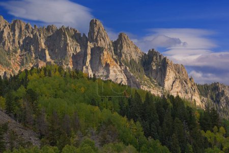 Photo for Autumn landscape of aspens and the Needles rock formation, San Juan Mountains, Colorado, USA - Royalty Free Image
