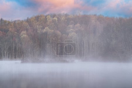 Téléchargez les photos : Paysage printanier brumeux à l'aube du rivage du lac West Twin, Kalamazoo, Michigan, États-Unis - en image libre de droit
