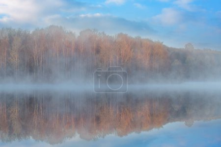 Foggy spring landscape at sunrise of the shoreline of West Twin Lake with mirrored reflections in calm water, Kalamazoo, Michigan, USA