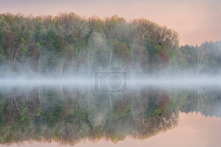 Nebelige Frühlingslandschaft im Morgengrauen des Mokassin Lake mit Spiegelreflexen in ruhigem Wasser, Hiawatha National Forest, Michigan 's Upper Peninsula, USA