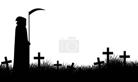 Téléchargez les photos : Homme en voile noir avec faucille à la main qui se tient debout sur le cimetière à Halloween. - en image libre de droit